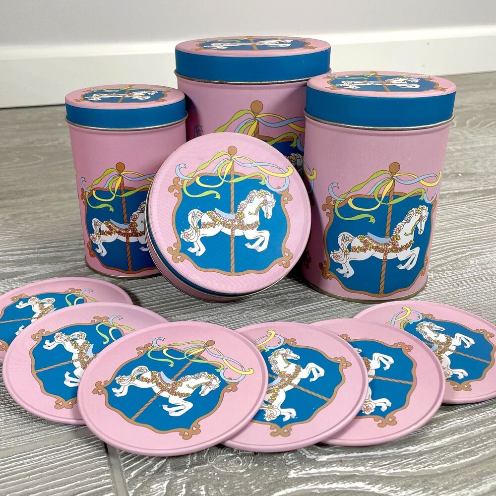 Vintage 1990 FHP Pink Blue Carousel Merry Go Round Tin and Coaster Set - 14pcs!